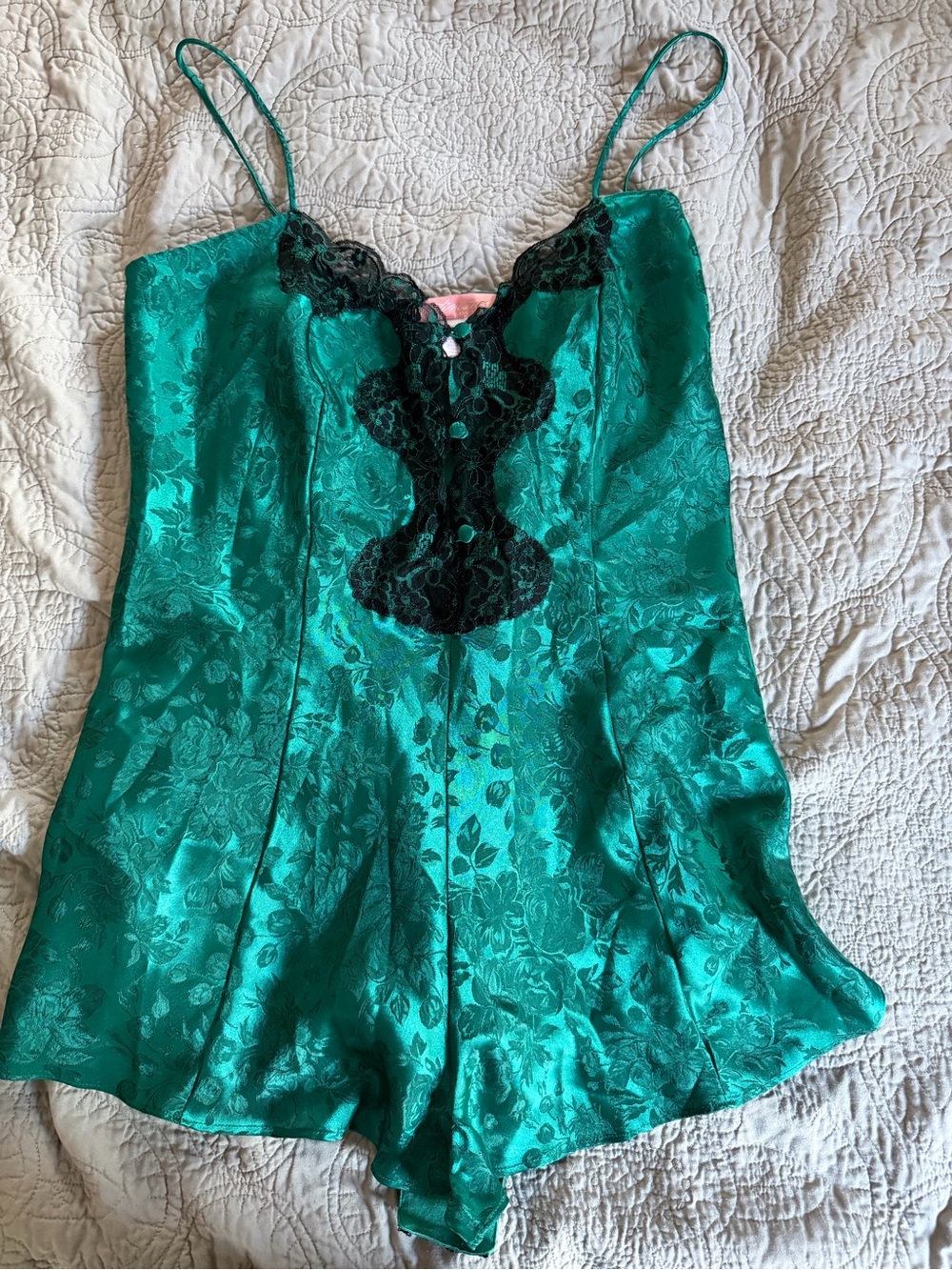 Vintage Lane Bryant Silky Emerald Green Lace-Trim Romper Sleepwear